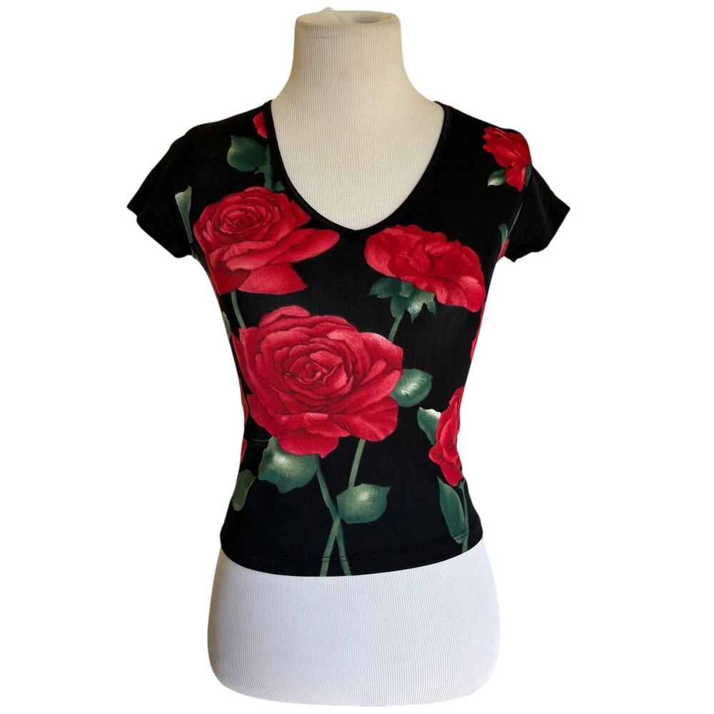 Vintage 90s Red Rose Floral Baby Tee Joule Made USA Romantic Goth